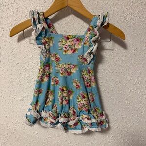 cheeky plum Blue Floral Ruffle dress with Lace Trim 3T
